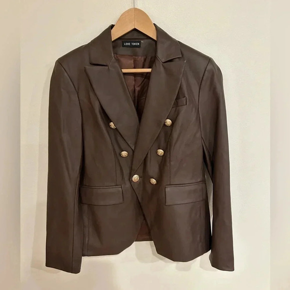 LOVE TOKEN Nellie vegan leather double breasted chocolate brown blazer sz L - Picture 5 of 11